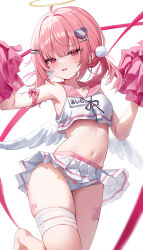 Rule 34 | 1girl, @ @, absurdres, angel wings, bandaged leg, bandages, bandaid on thigh, blush, bow, bow panties, breasts, cheerleader, commentary request, crop top, cropped shirt, fang, hair ornament, hairclip, halo, hands up, heart, heart hair ornament, highres, holding, holding pom poms, leg up, looking at viewer, mini wings, miniskirt, mole, mole under eye, navel, open mouth, original, panties, pink eyes, pink hair, pink sailor collar, pleated skirt, pom pom (cheerleading), pom pom (clothes), pom pom hair ornament, pom poms, sailor collar, shirt, sidelocks, simple background, skin fang, skindentation, skirt, sleeveless, sleeveless shirt, small breasts, solo, standing, standing on one leg, stomach, sweat, thighs, underwear, white background, white panties, white wings, whitebc, wings