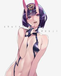 Rule 34 | 1girl, ban! (bansankan), bare shoulders, blue eyes, blunt bangs, bob cut, character name, eyeshadow, fate/grand order, fate (series), grey background, hair ornament, head tilt, highres, horns, makeup, navel, open mouth, purple hair, revealing clothes, short eyebrows, short hair, shuten douji (fate), simple background, skin-covered horns, solo, stomach