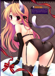 Rule 34 | 1girl, absurdres, ahoge, all fours, animal ears, black bra, black gloves, black panties, black thighhighs, bra, cat ears, cat tail, clothing cutout, elbow gloves, eyebrows, garter straps, gloves, highres, long hair, looking at viewer, looking back, mitha, orange hair, original, panties, red eyes, solo, tail, tail through clothes, thighhighs, underwear, underwear only