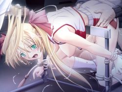 Rule 34 | 1girl, 2boys, ail soft, akehime saki, bdsm, bent over, blonde hair, blood, bondage, bound, breasts, censored, clothed sex, cum, cum in pussy, cum on hair, cumdrip, defloration, doggystyle, ejaculation, facial, game cg, green eyes, group sex, gym uniform, hair ribbon, hairjob, hanging breasts, huge breasts, hurdle, jump rope, kyouhaku 2, large breasts, long hair, midriff, mmf threesome, mosaic censoring, multiple boys, nipples, non-web source, open clothes, open mouth, open shirt, penis, rape, ribahara aki, ribbon, sex, sex from behind, shirt, shorts, socks, solo focus, sportswear, sweat, threesome, twintails