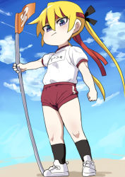 Rule 34 | 1girl, black socks, blonde hair, blue eyes, blue sky, blush, buruma, clenched hand, closed mouth, cloud, commentary request, flag, from below, frown, fuka (kantoku), full body, gym shirt, gym uniform, hachimaki, hair between eyes, headband, highres, holding, holding flag, kill me baby, long hair, looking at viewer, looking down, name tag, red buruma, red headband, shirt, shirt tucked in, shoes, short sleeves, sky, sneakers, socks, solo, sonya (kill me baby), standing, twintails, uniform, white footwear, white shirt