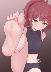 Rule 34 | 1girl, barefoot, feet, foot up, green eyes, long hair, looking at viewer, ponytail, red hair, soles, toes