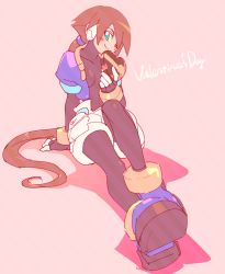 Rule 34 | 1girl, aile (mega man zx), arm support, bad id, bad twitter id, blue footwear, blush, bodystocking, box, bracelet, breasts, brown hair, cropped jacket, gift, gift box, green eyes, hair between eyes, head tilt, heart-shaped box, holding, holding gift, jewelry, kon (kin219), layered sleeves, long hair, long sleeves, mega man (series), mega man zx, mega man zx advent, pantyhose, pantyhose under shorts, ponytail, puffy short sleeves, puffy sleeves, robot ears, short over long sleeves, short sleeves, shorts, simple background, sitting, skin tight, smile, solo, valentine, white shorts