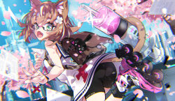 Rule 34 | 1girl, animal ears, artery gear, artery gear: fusion, backpack, bag, black shorts, blue sailor collar, bracelet, brown hair, cat, cat ears, cat tail, character request, check copyright, copyright request, cross hair ornament, dress, fang, glasses, green eyes, hair ornament, hayakawa harui, highres, holding, holding paper, inline skates, jewelry, open mouth, paper, roller skates, sailor collar, sailor dress, shorts, skates, skin fang, sleeveless, sleeveless dress, tail