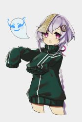 Rule 34 | 1girl, :o, alternate costume, braid, china tracksuit, coin hair ornament, commentary request, cowboy shot, cropped legs, double vertical stripe, flaming eye, genshin impact, ghost, green jacket, grey background, hair ornament, highres, jacket, long braid, looking at viewer, meme, meme attire, merry-san, ofuda, ofuda on head, outstretched arms, pink eyes, purple hair, qiqi (genshin impact), sidelocks, simple background, solo, track jacket, zipper pull tab, zombie pose