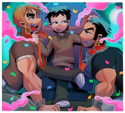 Rule 34 | 3boys, :d, absurdres, beard stubble, black hair, boy sandwich, bryan lee o&#039;malley (style), competition, confetti, eye contact, facial hair, full body, gigi (spacemanremix), highres, holding, holding leash, leash, looking at another, love triangle, lucas lee, male focus, multiple boys, muscular, muscular male, open mouth, sandwiched, scott pilgrim (series), scott pilgrim takes off, shirt, short hair, short sleeves, sideways mouth, size difference, smile, smirk, smoke, smug, stubble, t-shirt, thick eyebrows, todd ingram, v-shaped eyebrows, wallace wells, yaoi