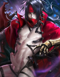 Rule 34 | 1990s (style), 1boy, black hair, cape, final fantasy, final fantasy vii, gauntlets, glowing, glowing eyes, highres, long hair, looking at viewer, male focus, male pubic hair, navel, nipples, open clothes, penis, pubic hair, red cape, red eyes, sakimichan, solo, uncensored, vincent valentine