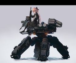 Rule 34 | 1girl, assault rifle, black bow, black footwear, black pantyhose, black skirt, bow, commentary request, grey background, gun, hair bow, high-waist skirt, holding, holding gun, holding weapon, inabi, long hair, long sleeves, looking at viewer, mecha, non-humanoid robot, original, pantyhose, pink hair, red eyes, rifle, robot, shirt, shoes, shotgun, simple background, sitting, skirt, solo, twintails, walker (robot), weapon, white shirt