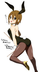 Rule 34 | 1girl, animal ears, ass, bad id, bad pixiv id, bare shoulders, blush, brown eyes, brown hair, character name, detached collar, drumsticks, fake animal ears, hair down, highres, k-on!, looking back, official style, pantyhose, playboy bunny, rabbit ears, rabbit tail, ragho no erika, short hair, signature, smile, solo, tail, tainaka ritsu, wrist cuffs