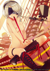 Rule 34 | 1girl, alternate footwear, bdsm, black footwear, blindfold, bondage, boots, bound, bound wrists, breasts, building, commentary request, copyright name, cross-laced footwear, dan evan, highres, knee boots, medium breasts, mouth hold, navel, nier (series), nier:automata, nipples, nude, pod (nier:automata), ribbon, ribbon bondage, self bondage, short hair, silver hair, sword, weapon, 2b (nier:automata)