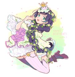Rule 34 | 1girl, :d, ankle scrunchie, aqua eyes, bad id, bad pixiv id, braid, crown, dated, flower, frilled shorts, frills, hair flower, hair ornament, hair over shoulder, hair vines, hand on own leg, happy birthday, high heels, long hair, looking at viewer, love live!, love live! school idol festival, love live! school idol project, open mouth, petals, pink thighhighs, plant, purple hair, scrunchie, shorts, single braid, smile, solo, striped, striped background, thighhighs, tojo nozomi, vertical stripes, very long hair, vines, wide sleeves, yuzuhara moke