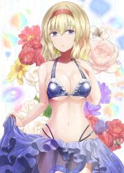 Rule 34 | 1girl, alice margatroid, bikini, blonde hair, blue bikini, blue eyes, blue skirt, breasts, cleavage, clothes pull, commentary request, flower, frilled skirt, frills, hairband, large breasts, looking at viewer, navel, parted lips, pink flower, pulling own clothes, red flower, red hairband, short hair, skirt, skirt pull, solo, swimsuit, touhou, y2