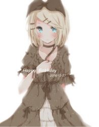 Rule 34 | 1girl, 2016, alternate costume, arm behind back, bad id, bad pixiv id, black dress, black ribbon, blonde hair, bloom, blue eyes, blush, choker, closed mouth, collarbone, commentary request, dated, dress, frilled dress, frilled sleeves, frills, hair ribbon, hand on own chest, happy birthday, hiro (hirohiro31), kagamine rin, light particles, looking at viewer, pink lips, puffy short sleeves, puffy sleeves, ribbon, short hair, short sleeves, simple background, smile, solo, swept bangs, tareme, upper body, vocaloid, white background