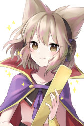 Rule 34 | 1girl, blouse, blush, bracelet, brown eyes, brown hair, cape, closed mouth, collarbone, commentary request, earmuffs, flat chest, gold trim, hand up, holding, holding stick, jewelry, pink shirt, pointy hair, purple cape, purple ribbon, ribbon, ritual baton, shirt, simple background, smile, solo, sparkle, stick, suzuno naru, touhou, toyosatomimi no miko, white background, ||/