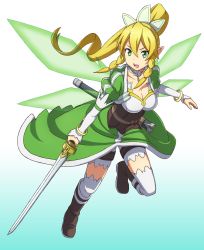 Rule 34 | 10s, 1girl, bike shorts, blonde hair, boots, breasts, brown footwear, fairy wings, green eyes, highres, knee boots, large breasts, leafa, long hair, pointy ears, ponytail, sheath, solo, sword, sword art online, weapon, wings, you (maumauyo)