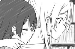 Rule 34 | 10s, 2girls, ayase eli, blush, collar tug, closed eyes, greyscale, licking, licking another&#039;s neck, love live!, love live! school idol project, monochrome, multiple girls, short hair, sky-freedom, sonoda umi, tongue, tongue out, yuri