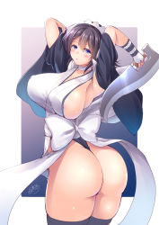 Rule 34 | 1girl, areola slip, armpits, arms up, ass, back bow, bad anatomy, black hair, blue eyes, blush, bow, breasts, c.r., choker, cleavage, covered erect nipples, cowboy shot, curvy, detached sleeves, hairband, holding, holding weapon, huge ass, huge breasts, iroha (samurai spirits), looking at viewer, maid headdress, plump, samurai spirits, shiny skin, short hair, sideboob, signature, solo, standing, thick thighs, thighs, weapon, white bow, white hairband, white neckwear