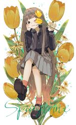 Rule 34 | 1girl, absurdres, black eyes, black jacket, blush, bouquet, brown hair, brown socks, bubble, commentary, daisy, english commentary, english text, flower, full body, grey skirt, highres, holding, holding flower, invisible chair, jacket, long hair, long sleeves, looking at viewer, mary janes, one eye closed, original, pink lips, pleated skirt, sakurada22, shoes, sitting, skirt, sleeves past wrists, socks, solo, star (symbol), track jacket, tulip, very long hair, white background, yellow flower, yellow tulip