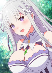 Rule 34 | 1girl, :d, absurdres, ai wa muteki, alternate breast size, blush, breasts, cleavage, clothing cutout, day, emilia (re:zero), forest, gem, hair ornament, happy, highres, large breasts, long hair, looking at viewer, nature, open mouth, pointy ears, purple eyes, re:zero kara hajimeru isekai seikatsu, smile, solo, upper body, white hair, x hair ornament