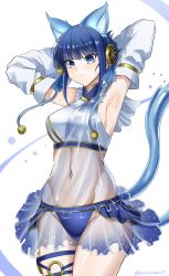 Rule 34 | 1girl, absurdres, animal ear fluff, animal ears, armlet, armpits, arms up, bare shoulders, bikini, bikini bottom only, blue bikini, blue eyes, blue hair, blue skirt, blunt bangs, blush, breasts, cat ears, cat tail, closed mouth, commentary, cowboy shot, crop top, detached sleeves, duel monster, extra ears, groin, highres, looking at viewer, medium breasts, midriff, navel, ni-ni the mirror mikanko, o-ring, see-through, see-through skirt, shirt, showgirl skirt, sidelocks, simple background, skirt, sleeveless, sleeveless shirt, smile, solo, standing, swimsuit, synchroman, tail, thigh strap, twitter username, white background, white shirt, white sleeves, yu-gi-oh!