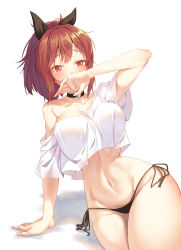 Rule 34 | 1girl, absurdres, arm support, bare legs, black choker, black legwear, breasts, brown hair, choker, collarbone, covering own mouth, crop top, feet out of frame, hair ribbon, highres, large breasts, looking at viewer, navel, original, panties, red eyes, ribbon, shirt, short hair, short sleeves, side-tie panties, simple background, sitting, stomach, thighs, underwear, white background, white shirt, zonunoll