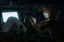 Rule 34 | 10s, 1girl, cellphone, coca-cola, computer, glasses, headphones, highres, jacket, laptop, long hair, looking at viewer, morgana (persona 5), namako mikan, orange hair, persona, persona 5, phone, sakura futaba, smartphone, solo