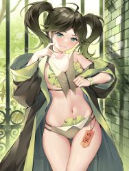 Rule 34 | 1girl, ahoge, bikini, blush, breasts, brick wall, closed mouth, coat, collarbone, commentary, cowboy shot, day, fence, frilled bikini, frills, gradient hair, green bikini, green coat, green eyes, green hair, groin, highres, long sleeves, looking at viewer, midriff, multicolored hair, navel, off shoulder, open clothes, open coat, original, outdoors, parted bangs, price tag, revealing clothes, shadow, sidelocks, single bare shoulder, small breasts, solo, standing, swimsuit, thigh gap, twintails, uosaasou, watch, wristwatch