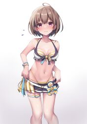 Rule 34 | 1girl, absurdres, ahoge, bare shoulders, belt, bikini, bikini skirt, blue skirt, blush, breasts, brown hair, cleavage, closed mouth, commentary, dot nose, feet out of frame, flying sweatdrops, hair ornament, hairclip, halterneck, harusaki nodoka, high-waist bikini, highleg, highleg bikini, highres, hololive, hololive summer 2023 swimsuit, layered bikini, looking at viewer, medium breasts, navel, official alternate costume, pink eyes, short hair, simple background, skirt, solo, standing, stomach, striped bikini, striped clothes, sweatdrop, swimsuit, symbol-only commentary, thigh belt, thigh strap, tmo-cat, virtual youtuber, white background, white belt, yellow bikini