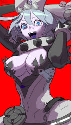 Rule 34 | 1girl, ahoge, animal ears, belt, bracelet, breasts, cleavage, cleavage cutout, clothing cutout, clover, collar, crazy eyes, crazy smile, dated, elphelt valentine, fake animal ears, four-leaf clover, guilty gear, guilty gear xrd, hair between eyes, heart, heart-shaped pupils, heterochromia, highres, jewelry, large breasts, rabbit ears, red background, sharp teeth, signature, smile, solo, spiked bracelet, spiked collar, spikes, sweat, sweatdrop, symbol-shaped pupils, teeth, wryyoco