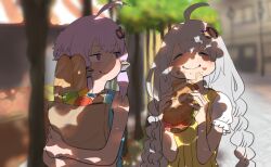 Rule 34 | 2girls, ahoge, apple, bag, baguette, blue tank top, blurry, blurry background, blush, braid, bread, can, closed eyes, commentary, dappled sunlight, day, dress, eating, facing viewer, food, food on face, fruit, furrowed brow, grey hair, grocery bag, hair ornament, half-closed eyes, highres, holding, holding bag, kizuna akari, light purple hair, long hair, looking at another, looking to the side, mashima jirou, multiple girls, outdoors, pinafore dress, puffy short sleeves, puffy sleeves, purple eyes, raised eyebrow, raised eyebrows, shade, shirt, shopping bag, short hair with long locks, short sleeves, sleeveless, sleeveless dress, smile, smirk, submarine sandwich, sunlight, tank top, town, twin braids, upper body, vocaloid, voiceroid, white shirt, yellow dress, yuzuki yukari