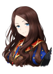 Rule 34 | 1girl, absurdres, blue eyes, brown hair, cropped torso, fate/grand order, fate (series), highres, laika (sputnik2nd), leonardo da vinci (fate), long hair, looking at viewer, parted bangs, portrait, simple background, smile, solo, white background