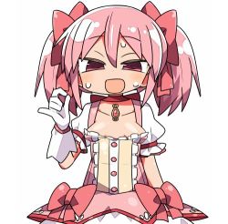 Rule 34 | 1girl, :d, blush, bow, breasts, collarbone, dress, gloves, hair bow, half-closed eyes, handjob gesture, kaname madoka, kanikama, looking at viewer, lowres, mahou shoujo madoka magica, mahou shoujo madoka magica (anime), open mouth, pink dress, pink eyes, pink hair, puffy short sleeves, puffy sleeves, short sleeves, small breasts, smile, solo, sweat, tsurime, twintails, white gloves