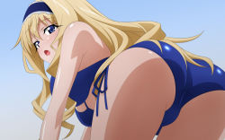 Rule 34 | 10s, ass, blonde hair, blue eyes, breasts, cecilia alcott, infinite stratos, large breasts, looking back, open mouth, sugimura tomokazu, swimsuit