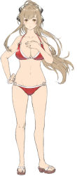 Rule 34 | 1girl, ahoge, amagi brilliant park, bare arms, bare legs, bare shoulders, bikini, blush, breasts, brown eyes, brown footwear, full body, gluteal fold, hair ribbon, hand on own hip, hand on own chest, iwauchi tomoki, large breasts, light blush, light brown hair, long hair, looking at viewer, o-ring, o-ring bikini, parted lips, red bikini, ribbon, sandals, sento isuzu, solo, standing, swimsuit, wristband