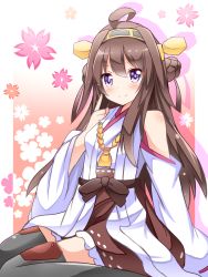 Rule 34 | 10s, 1girl, ahoge, bad id, bad pixiv id, black thighhighs, brown hair, detached sleeves, flower, flower (symbol), gradient background, hair ornament, hairband, headgear, highres, japanese clothes, kantai collection, kongou (kancolle), long hair, looking at viewer, personification, purple eyes, shinekalta, smile, solo, thighhighs