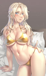 Rule 34 | 1girl, arm support, bare arms, bare legs, bare shoulders, bed, bed sheet, bikini, blonde hair, blue eyes, blush, breasts, collarbone, cowboy shot, gold bikini, groin, highres, hornet (kancolle), kantai collection, kokuzou, large breasts, long hair, navel, open mouth, pillow, solo, swimsuit