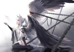 Rule 34 | animal ear fluff, animal ears, black gloves, black thighhighs, black wings, chain, closed mouth, crop top, elbow gloves, falling feathers, feathered wings, feathers, from side, gloves, gradient background, hair tie, hand up, high collar, large wings, leaning forward, light, looking up, midriff, orange eyes, ponytail, restrained, short shorts, shorts, sidelocks, sitting, solo, tail, thighhighs, umie (iowae), wariza, white hair, white shorts, wide sleeves, wings