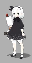 Rule 34 | 1girl, 2b (nier:automata), absurdres, adapted costume, aged down, arm at side, black bow, black dress, black footwear, black hairband, black ribbon, bloomers, blush, blush stickers, bow, child, closed mouth, dress, drone, eyebrows, fugu buta, full body, grey background, hair between eyes, hair ribbon, hairband, highres, hug, hugging object, legs apart, long sleeves, looking at viewer, machinery, mary janes, mole, mole under mouth, nier:automata, nier (series), no blindfold, pod (nier:automata), print dress, ribbon, robot, shoes, short dress, short hair, simple background, sleeves past wrists, socks, solo, standing, underwear, white hair, white socks, wrist bow, wrist straps