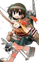 Rule 34 | 10s, 1girl, aircraft, airplane, asymmetrical hair, bow (weapon), brown eyes, brown gloves, brown hair, fingerless gloves, gloves, hachimaki, headband, highres, hiryuu (kancolle), hiryuu kai ni (kancolle), japanese clothes, kantai collection, looking at viewer, open mouth, petals, pointing, pointing at viewer, side ponytail, simple background, smile, solo, weapon, white background, yuuhi alpha