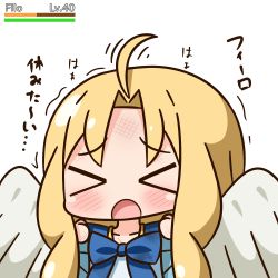 Rule 34 | &gt; &lt;, 1girl, :o, ahoge, ahoge wag, blonde hair, blue bow, blue dress, blush, bow, bruise, bruise on face, character name, chibi, closed eyes, collarbone, dress, expressive hair, facing viewer, feathered wings, filo (tate no yuusha no nariagari), gameplay mechanics, hana kazari, hands up, health bar, highres, injury, long hair, open mouth, sidelocks, simple background, solo, tate no yuusha no nariagari, translation request, trembling, upper body, white background, white wings, wings