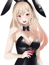 1girl absurdres animal_ears black_bow black_bowtie black_hairband black_leotard blonde_hair bow bowtie breasts cellphone cleavage commentary detached_collar ear_piercing earrings fake_animal_ears gradient_hair hairband highres holding holding_phone jewelry kagara kitagawa_marin leotard long_hair medium_breasts multicolored_hair open_mouth phone piercing pink_hair playboy_bunny rabbit_ears red_eyes ring smartphone smartphone_case smile solo sono_bisque_doll_wa_koi_wo_suru strapless strapless_leotard upper_body