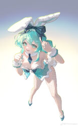 Rule 34 | 1girl, 47ko, :d, absurdres, animal ears, aqua eyes, aqua footwear, aqua hair, aqua leotard, aqua nails, bare shoulders, bicute bunnies miku, blue background, blue bow, blue necktie, bow, breasts, cleavage, clenched hand, detached collar, double bun, ear bow, fake animal ears, fishnet pantyhose, fishnets, from above, full body, fur armlet, fur collar, fur cuffs, gradient background, hair bun, hands up, hatsune miku, highres, index finger raised, leaning forward, legs apart, leotard, looking at viewer, lower teeth only, medium breasts, necktie, open mouth, pantyhose, playboy bunny, rabbit ears, short necktie, smile, solo, standing, strapless, strapless leotard, teeth, vocaloid, weibo logo, weibo watermark, white background, wrist cuffs