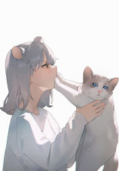 Rule 34 | 1girl, absurdres, animal, animal ears, brown eyes, cat, check commentary, chinese commentary, commentary, commentary request, from side, grey background, grey hair, highres, holding, holding animal, holding cat, looking at animal, medium hair, mouse ears, mouse girl, original, profile, shirt, simple background, upper body, white background, white cat, white shirt, yellow eyes, zhoi star