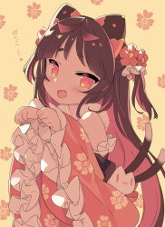 Rule 34 | 1girl, :d, animal ears, bare shoulders, blade (galaxist), blush, brown background, brown hair, cat ears, cat girl, cat tail, commentary request, copyright request, fang, floral background, floral print, flower, hair flower, hair ornament, hands up, long hair, long sleeves, looking at viewer, multicolored hair, multiple tails, open mouth, paw pose, pink hair, pink sleeves, print sleeves, red eyes, red flower, short eyebrows, smile, solo, tail, thick eyebrows, translation request, two-tone hair, two tails, very long hair, virtual youtuber, wide sleeves