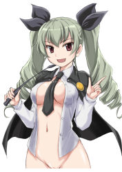 Rule 34 | 10s, 1girl, :d, anchovy (girls und panzer), between breasts, black cape, black necktie, bottomless, breasts, cape, collared shirt, covered erect nipples, dress shirt, drill hair, emblem, eyebrows, girls und panzer, green hair, hair ribbon, highres, holding, large breasts, long hair, long sleeves, looking at viewer, navel, necktie, necktie between breasts, no bra, open clothes, open mouth, open shirt, out-of-frame censoring, pussy, red eyes, ribbon, riding crop, shirt, simple background, smile, solo, stomach, twin drills, twintails, unbuttoned, wan&#039;yan aguda, white background, white shirt