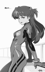 Rule 34 | 1girl, arm support, artist name, bad id, bad twitter id, bodysuit, breasts, commentary, curvy, english commentary, greyscale, interface headset, long hair, looking at viewer, monochrome, neon genesis evangelion, open mouth, optionaltypo, pilot suit, plugsuit, romaji text, simple background, skinny, small breasts, solo, souryuu asuka langley, twintails, uneven eyes, white background