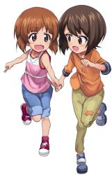 Rule 34 | 10s, 2girls, aged down, ashiwara yuu, blue footwear, blue shorts, brown eyes, brown hair, brown pants, commentary request, denim, denim shorts, full body, girls und panzer, happy, highres, holding, holding hands, long sleeves, looking at viewer, looking back, multiple girls, nishizumi maho, nishizumi miho, open mouth, orange shirt, pants, pink shirt, popsicle stick, purple footwear, running, shirt, shoes, short hair, shorts, siblings, simple background, sisters, smile, sneakers, standing, standing on one leg, tank top, white background