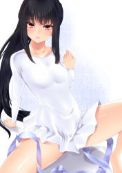 Rule 34 | 1girl, amasora taichi, arm support, bare shoulders, black hair, blush, come hither, leaning back, leotard, long hair, looking at viewer, original, pink eyes, ponytail, ribbon, sitting, solo, spread legs