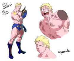 Rule 34 | abs, bandaid, bandaid on face, bandaid on forehead, bara, blonde hair, bulge, collage, cropped arms, cropped head, dirty, dirty face, full body, highres, kinnikuman, large pectorals, male focus, muscular, muscular male, nagasaku tomokatsu, pectorals, shiny skin, short hair, terryman, translation request, uneven eyes, wrestler, wrestling outfit