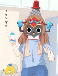 Rule 34 | 1girl, :3, black eyes, blue pants, blue shirt, blush, bottle, brown hair, censored, chair, commentary request, cowboy shot, drill, goggles, goggles on head, heybot!, heybot (character), highres, holding, holding bottle, lets0020, long hair, mosaic censoring, open mouth, pants, screw, shirt, short sleeves, smile, t-shirt, towel, towel around neck, translation request